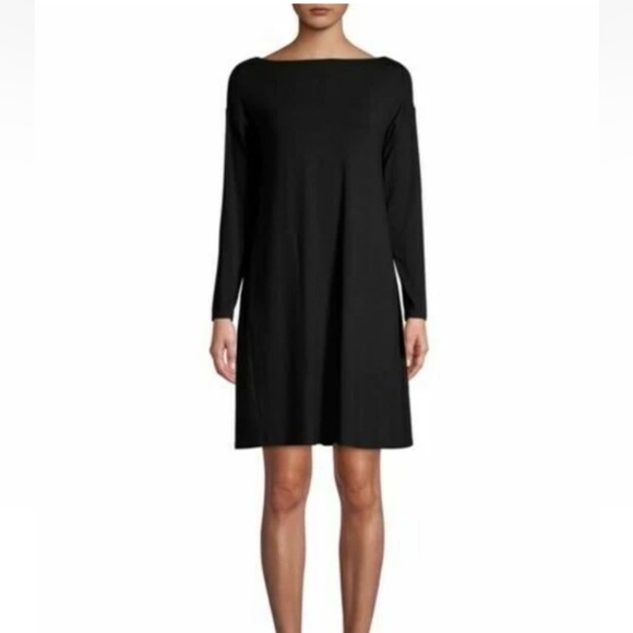 EILEEN FISHER VISCOSE JERSEY DRESS BATEAU BOATNECK LONG SLEEVE SHIFT BLACK  sz M - Picture 1 of 5